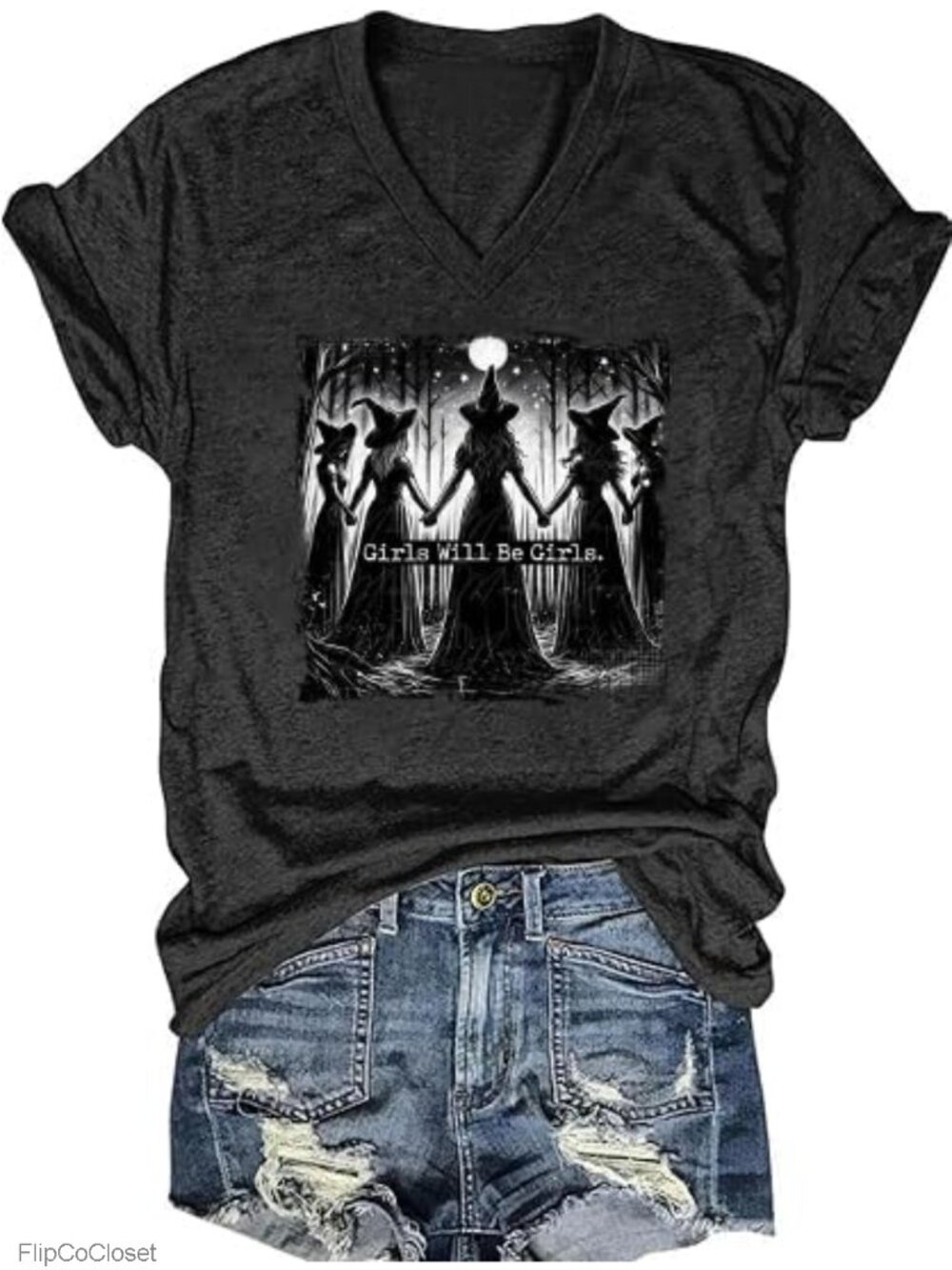 Witches Girls Will Be Girls Graphic V-Neck Short Sleeve T-Shirt